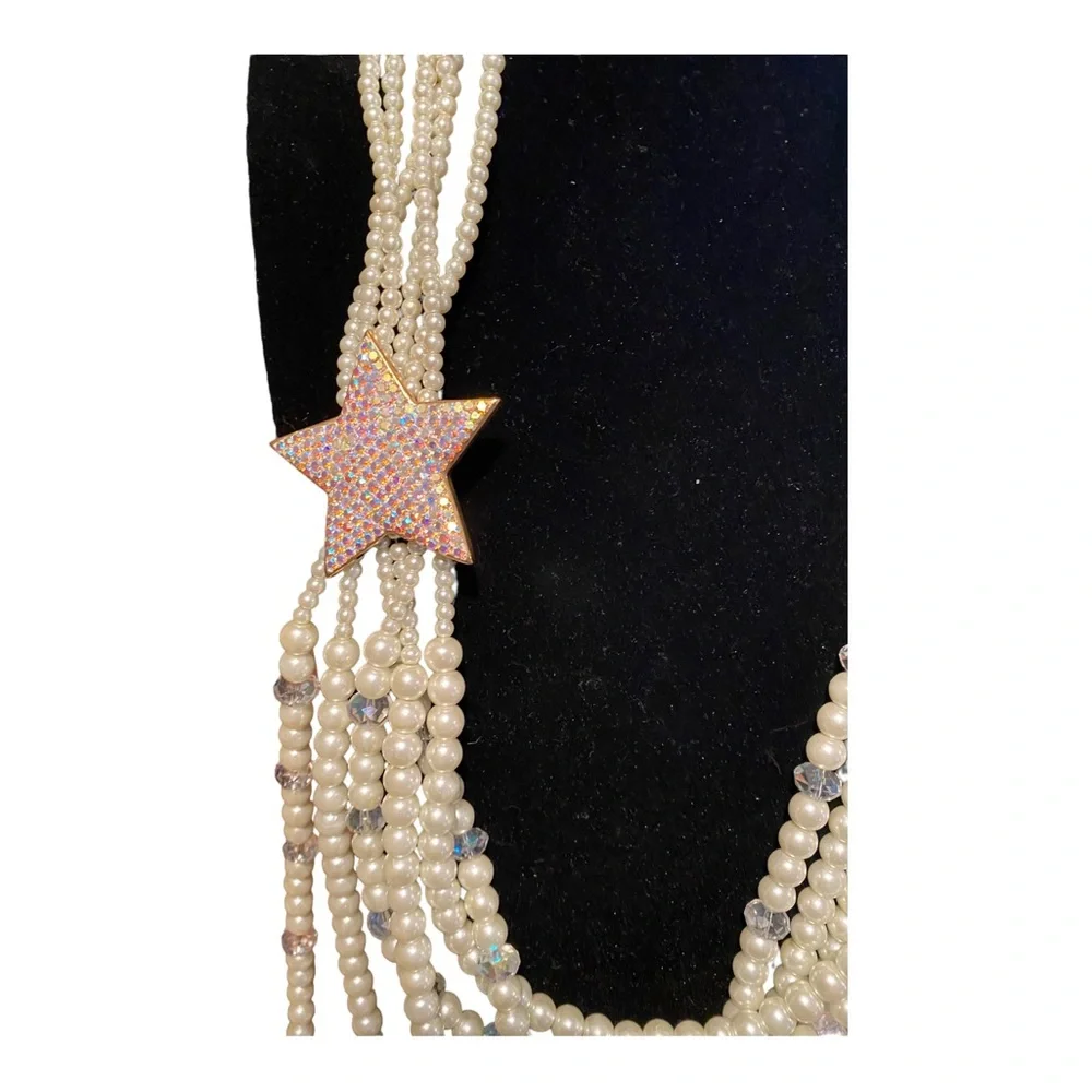 Vintage Kirks Folly Multi Strand Faux Pearl Necklace W AB Crystals NWOT W Box - Picture 2 of 5